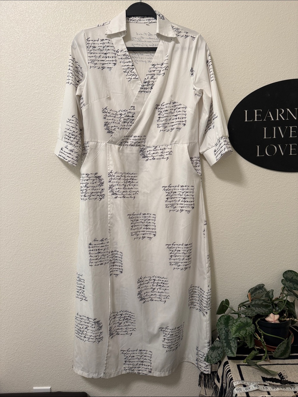 White Script-Print Wrap Midi Dress